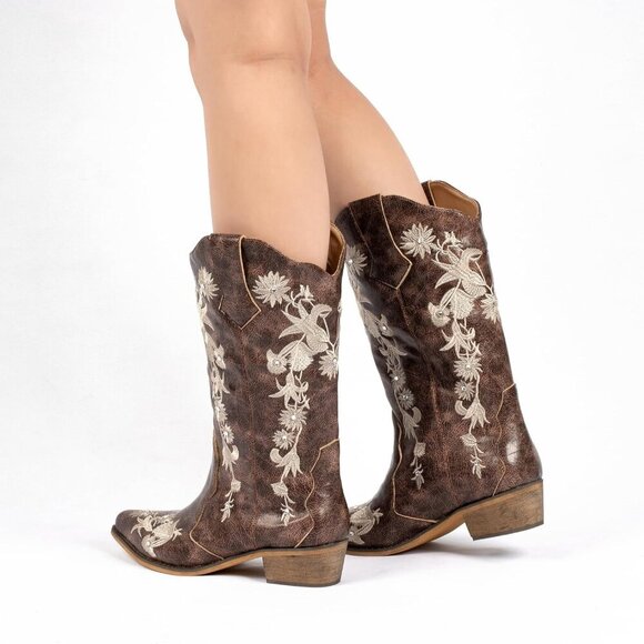SheSole Women's Brown Western Cowboy Boots Square Toe Mid Calf Cowgirl Boots - Picture 6 of 9